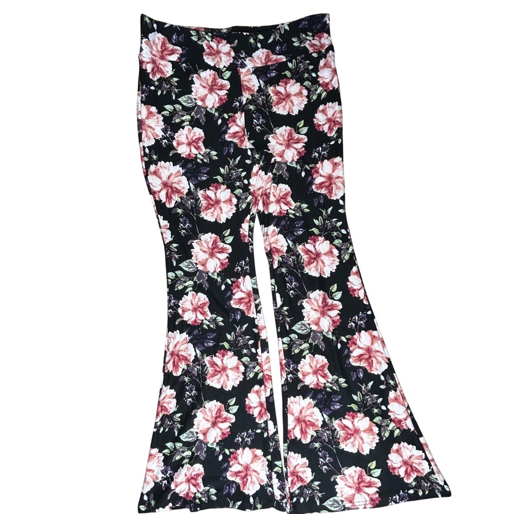 60s 70s Hippie Womens XXL 19 Floral Knit Flare Pants Black Pink Bell Bottoms NEW